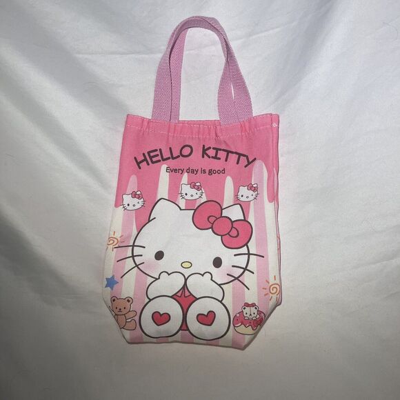 Hello Kitty Skinny Canvas Tote Bag 12 X 8 Every Day Is Good Sanrio Stripes Pink - Picture 2 of 4